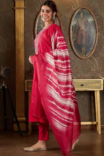 Women Ethnic Motifs Embroidered Regular Thread Work Kurta with Trousers & With Dupatta
