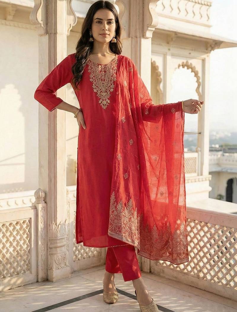 Women Ethnic Motifs Embroidered Regular Thread Work Kurta with Trousers & With Dupatta