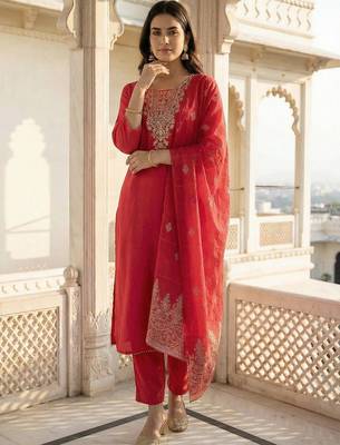 Women Ethnic Motifs Embroidered Regular Thread Work Kurta with Trousers & With Dupatta 6