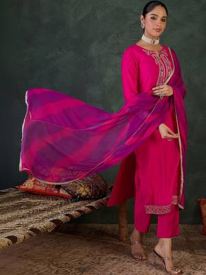 Women Ethnic Motifs Embroidered Regular Thread Work Kurta with Trousers & With Dupatta 1