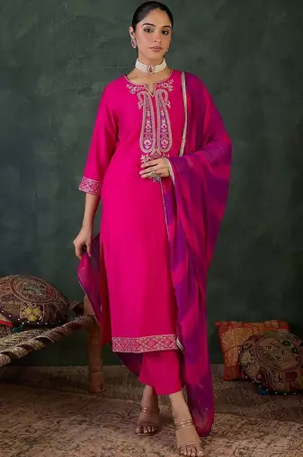 Women Ethnic Motifs Embroidered Regular Thread Work Kurta with Trousers & With Dupatta