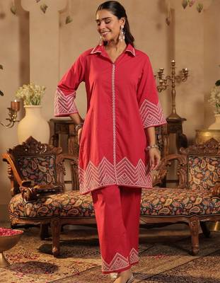 Women Ethnic Motifs Embroidered Regular Thread Work Pure Cotton Kurta with Palazzos 1