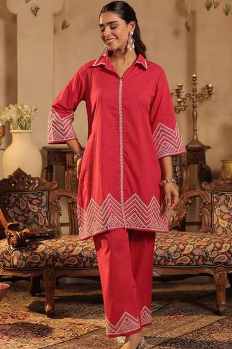 Women Ethnic Motifs Embroidered Regular Thread Work  Cotton Kurta with Palazzos
