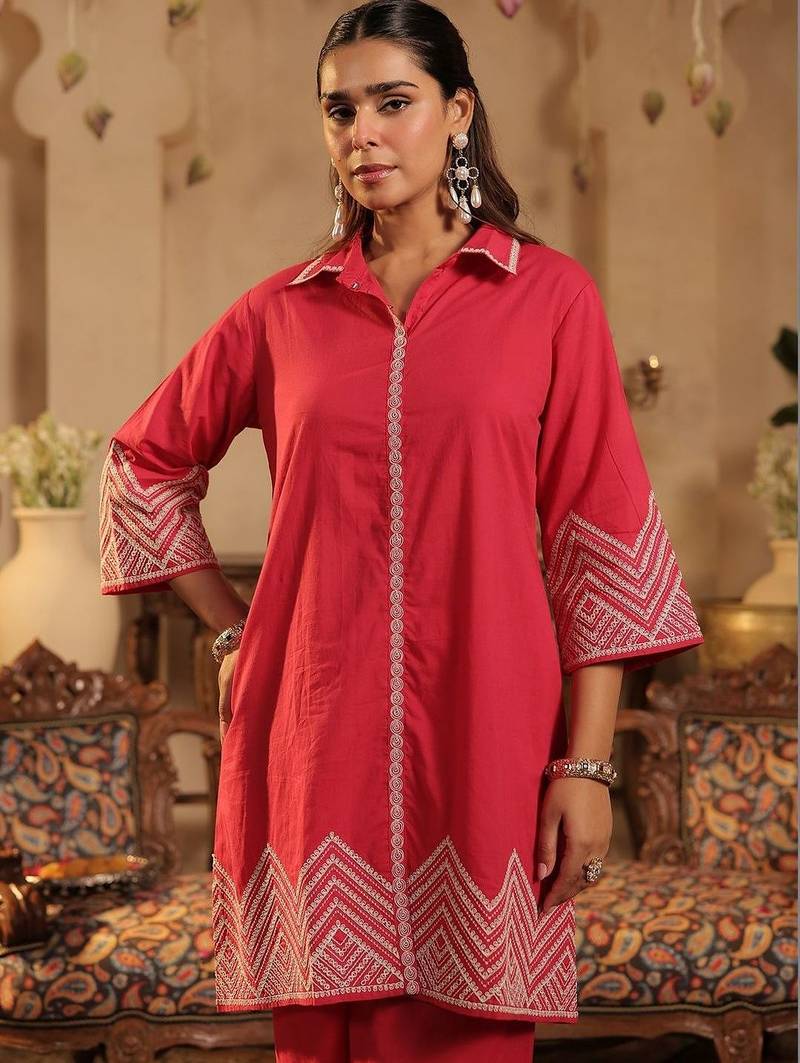Women Ethnic Motifs Embroidered Regular Thread Work Pure Cotton Kurta with Palazzos