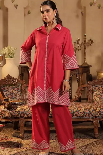 Women Ethnic Motifs Embroidered Regular Thread Work Pure Cotton Kurta with Palazzos