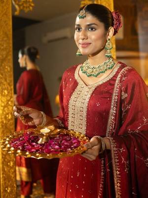 Women Ethnic Motifs Embroidered Regular Thread Work Kurta with Trousers & With Dupatta 4