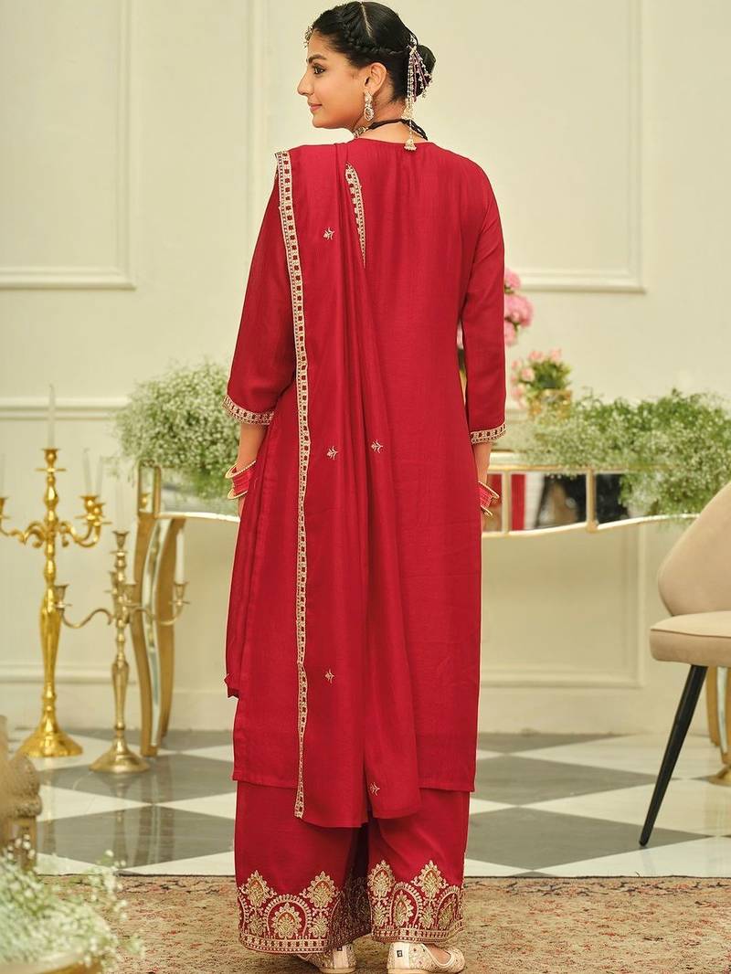 Women Ethnic Motifs Embroidered Regular Thread Work Kurta with Palazzos & With Dupatta