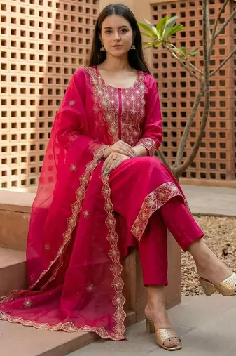Women Ethnic Motifs Embroidered Regular Thread Work Kurta with Trousers & With Dupatta