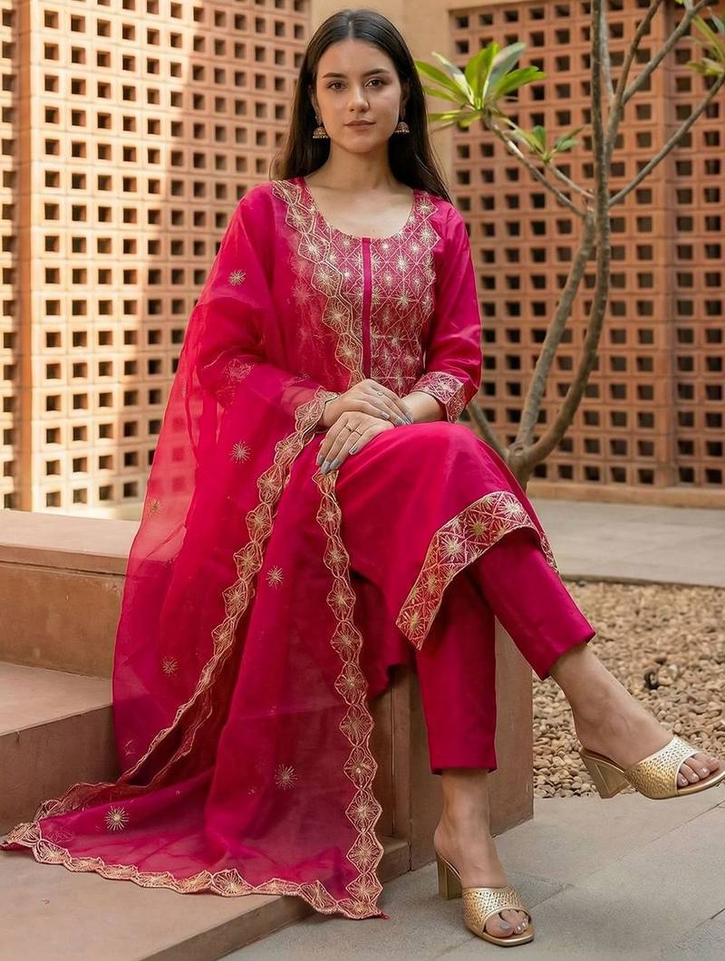 Women Ethnic Motifs Embroidered Regular Thread Work Kurta with Trousers & With Dupatta