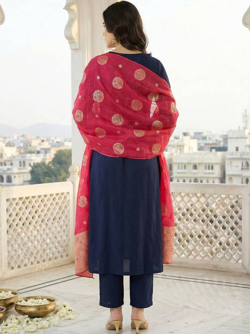 Women Ethnic Motifs Embroidered Regular Thread Work Kurta with Trousers & With Dupatta