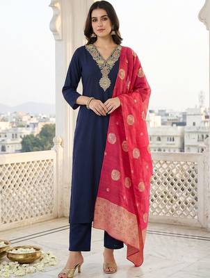 Women Ethnic Motifs Embroidered Regular Thread Work Kurta with Trousers & With Dupatta 5