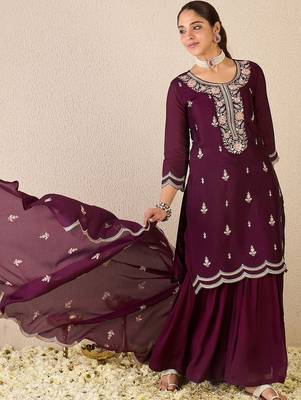 Women Ethnic Motifs Embroidered Regular Thread Work Kurta with Sharara & With Dupatta 1