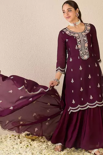 Women Ethnic Motifs Embroidered Regular Thread Work Kurta with Sharara & With Dupatta