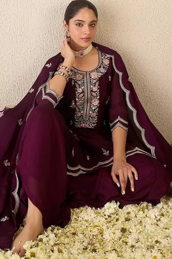 Women Ethnic Motifs Embroidered Regular Thread Work Kurta with Sharara & With Dupatta