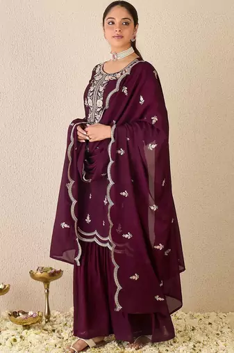 Women Ethnic Motifs Embroidered Regular Thread Work Kurta with Sharara & With Dupatta