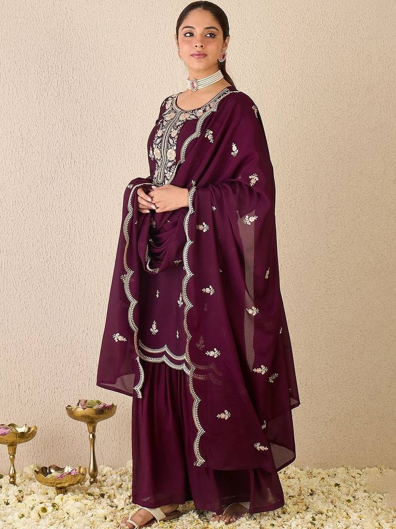 Women Ethnic Motifs Embroidered Regular Thread Work Kurta with Sharara & With Dupatta
