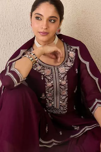 Women Ethnic Motifs Embroidered Regular Thread Work Kurta with Sharara & With Dupatta