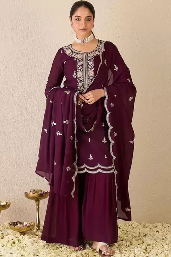 Women Ethnic Motifs Embroidered Regular Thread Work Kurta with Sharara & With Dupatta