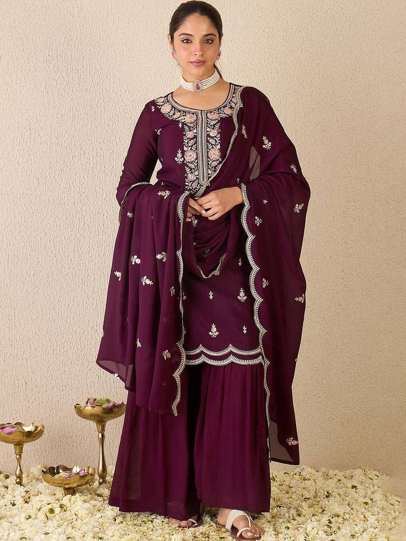 Women Ethnic Motifs Embroidered Regular Thread Work Kurta with Sharara & With Dupatta
