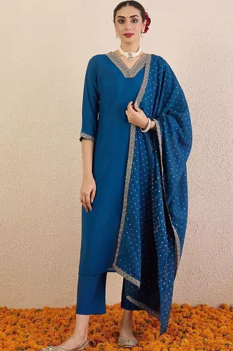 Women Ethnic Motifs Regular Sequinned Kurta with Trousers & With Dupatta