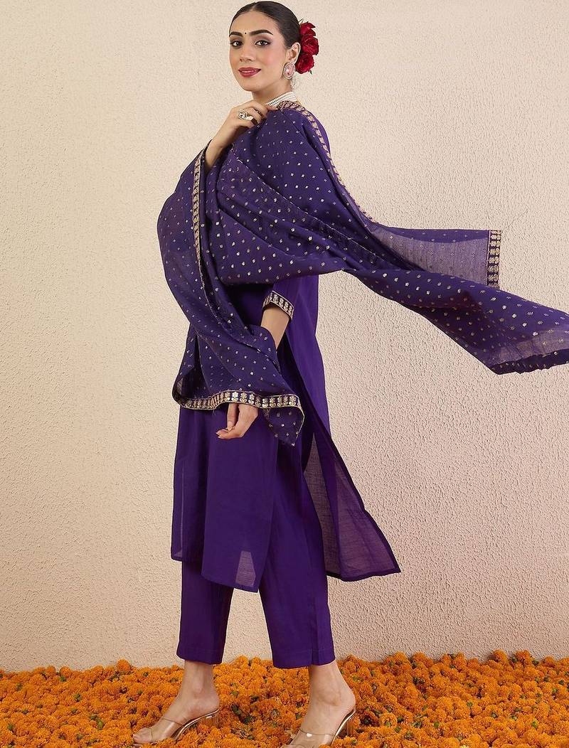 Women Ethnic Motifs Regular Kurta with Trousers & With Dupatta