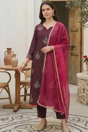 Women Ethnic Motifs Printed Regular Liva Kurta with Trousers & With Dupatta