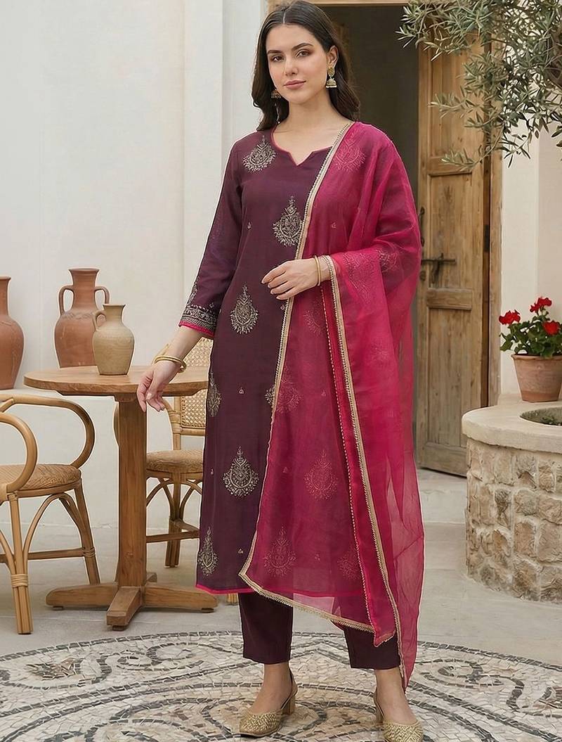 Women Ethnic Motifs Printed Regular Liva Kurta with Trousers & With Dupatta