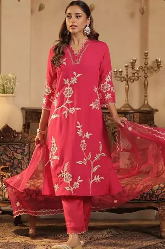Women Floral Embroidered Regular Thread Work Kurta with Trousers & With Dupatta