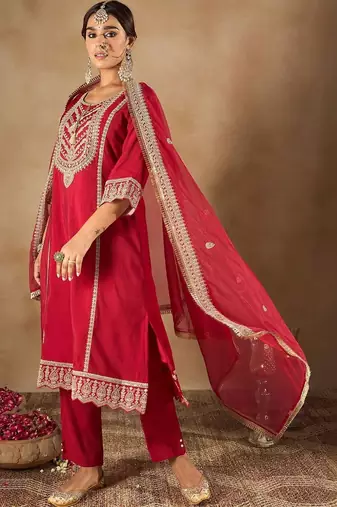Women Ethnic Motifs Embroidered Regular Thread Work Kurta with Trousers & With Dupatta