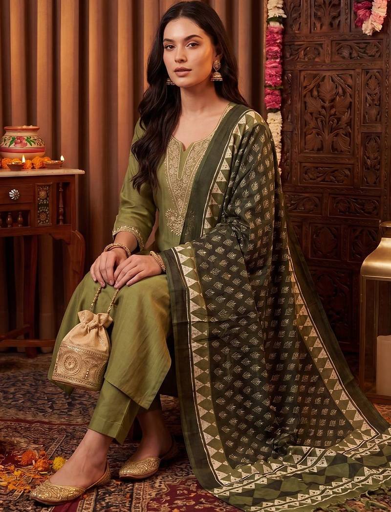 Women Ethnic Motifs Embroidered Regular Thread Work Kurta with Trousers & With Dupatta