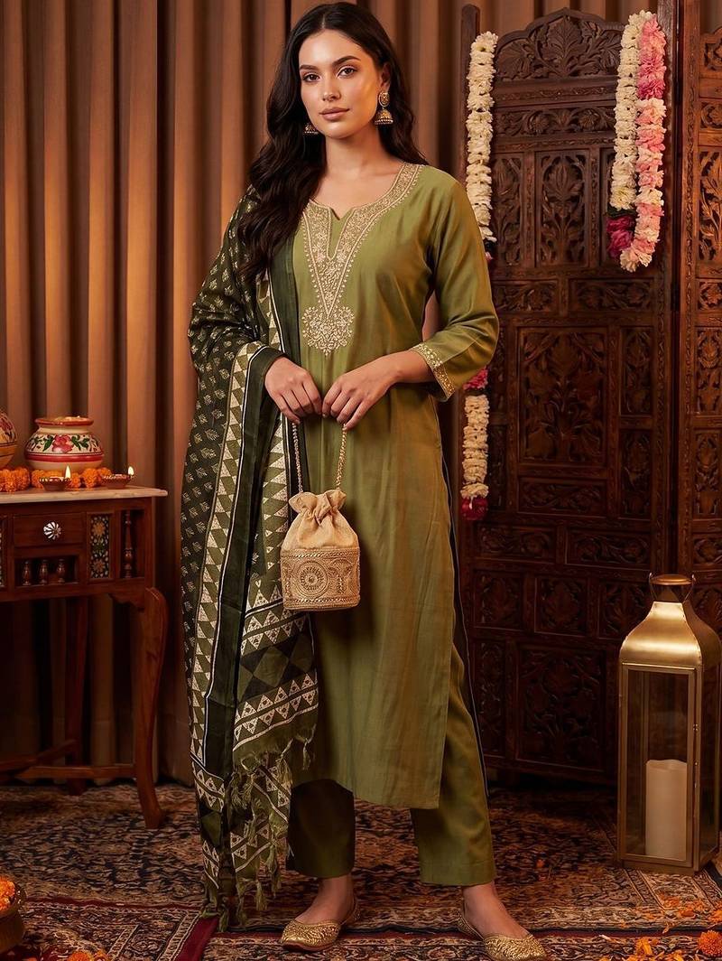 Women Ethnic Motifs Embroidered Regular Thread Work Kurta with Trousers & With Dupatta