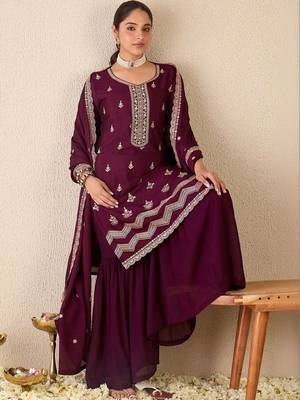 Women Ethnic Motifs Embroidered Regular Thread Work Kurta with Sharara & With Dupatta 1