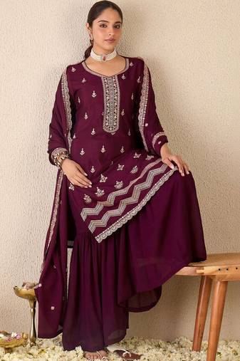 Women Ethnic Motifs Embroidered Regular Thread Work Kurta with Sharara & With Dupatta