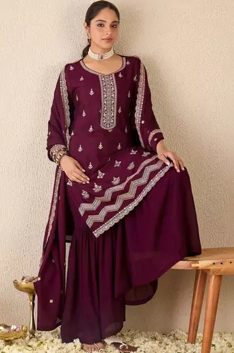 Women Ethnic Motifs Embroidered Regular Thread Work Kurta with Sharara & With Dupatta