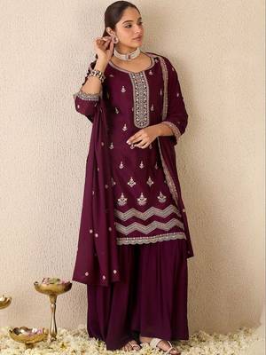 Women Ethnic Motifs Embroidered Regular Thread Work Kurta with Sharara & With Dupatta 2