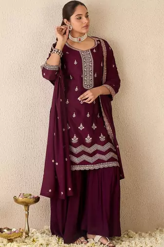 Women Ethnic Motifs Embroidered Regular Thread Work Kurta with Sharara & With Dupatta
