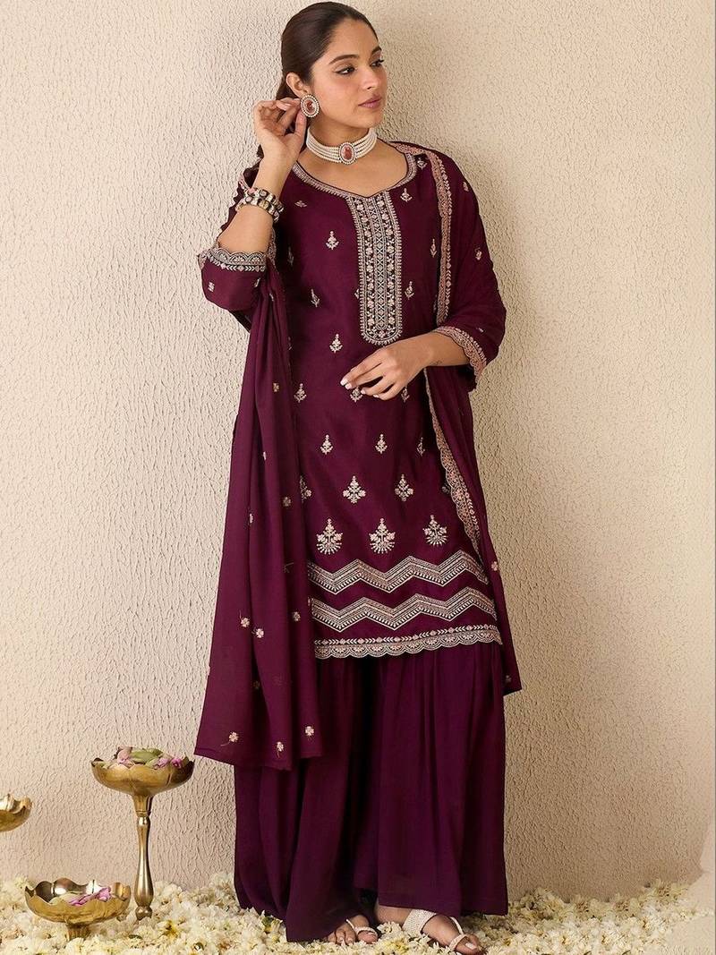 Women Ethnic Motifs Embroidered Regular Thread Work Kurta with Sharara & With Dupatta