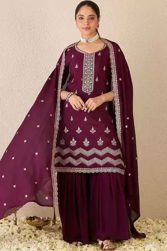Women Ethnic Motifs Embroidered Regular Thread Work Kurta with Sharara & With Dupatta