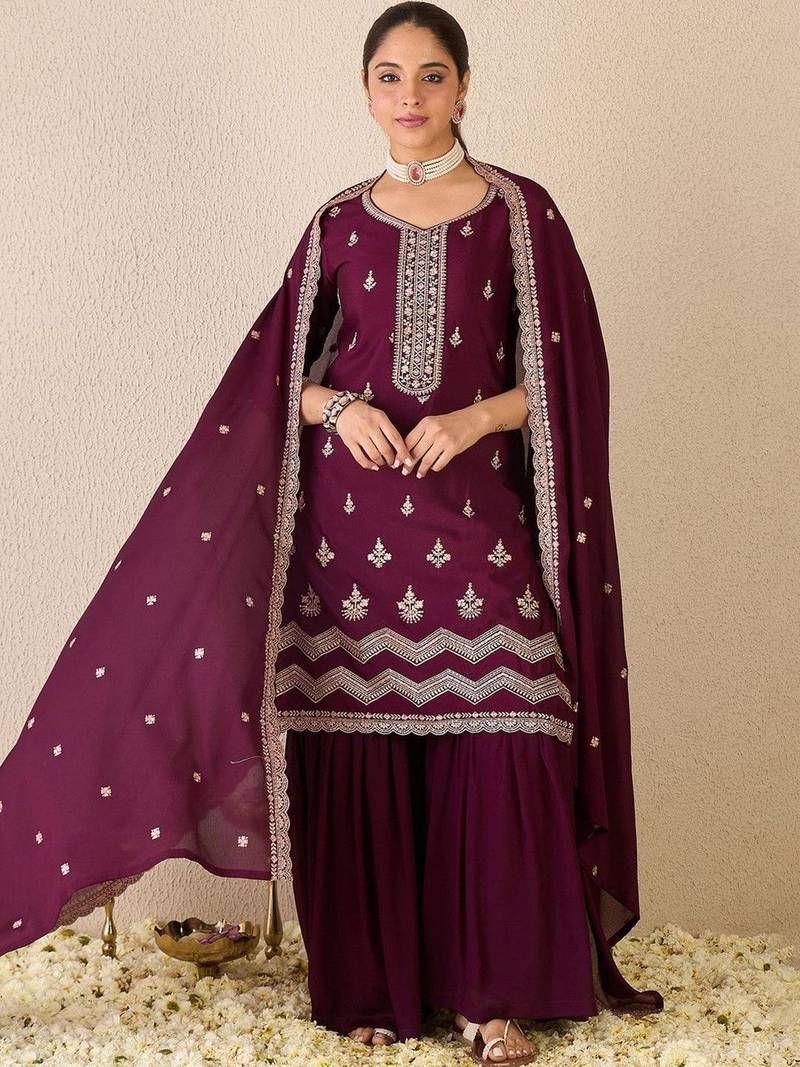 Women Ethnic Motifs Embroidered Regular Thread Work Kurta with Sharara & With Dupatta