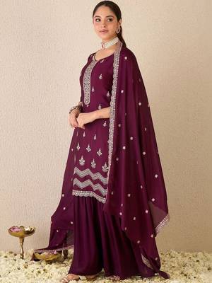 Women Ethnic Motifs Embroidered Regular Thread Work Kurta with Sharara & With Dupatta 5