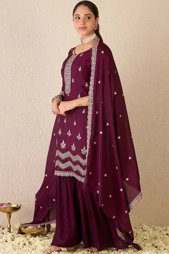Women Ethnic Motifs Embroidered Regular Thread Work Kurta with Sharara & With Dupatta