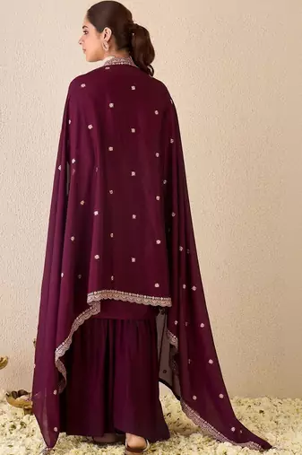 Women Ethnic Motifs Embroidered Regular Thread Work Kurta with Sharara & With Dupatta