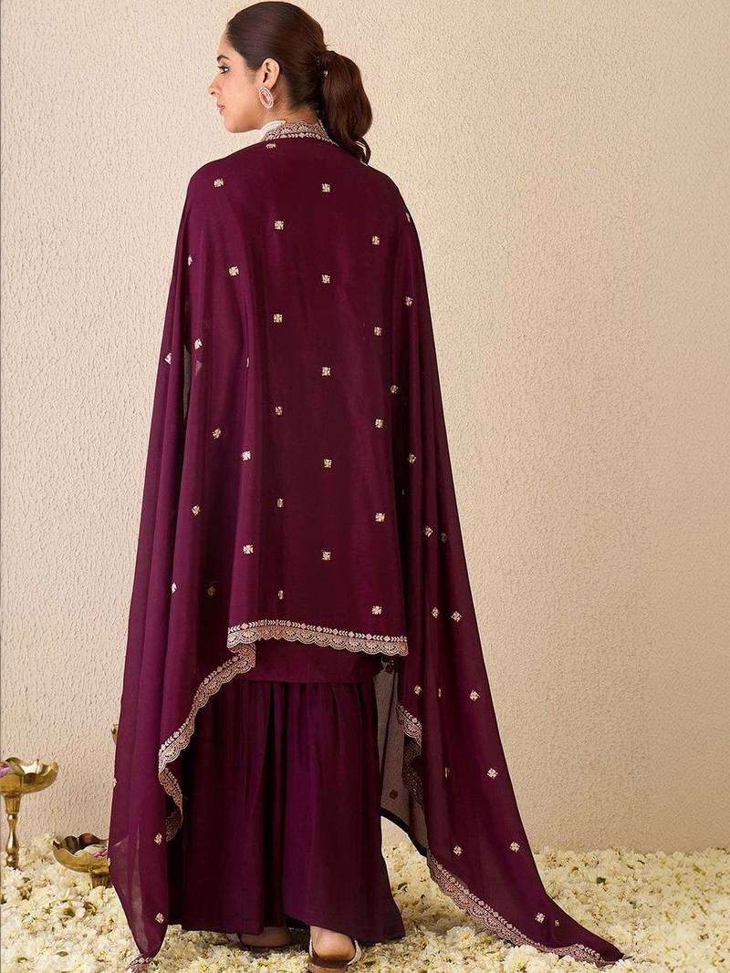 Women Ethnic Motifs Embroidered Regular Thread Work Kurta with Sharara & With Dupatta