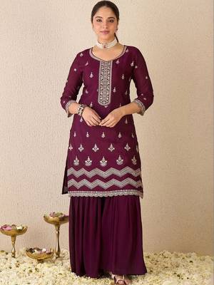 Women Ethnic Motifs Embroidered Regular Thread Work Kurta with Sharara & With Dupatta 7