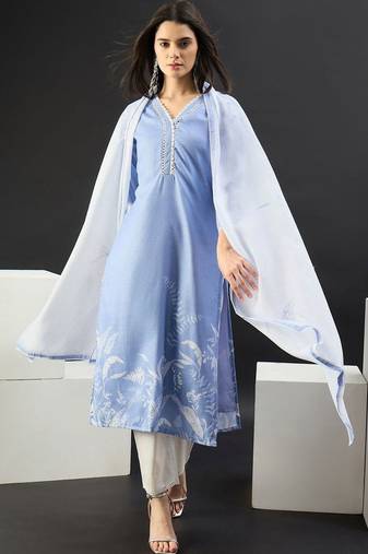 Women Floral Printed Regular Linen Kurta with Trousers & With Dupatta