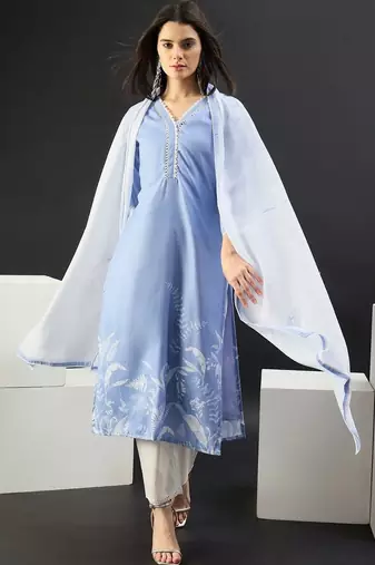 Women Floral Printed Regular Linen Kurta with Trousers & With Dupatta