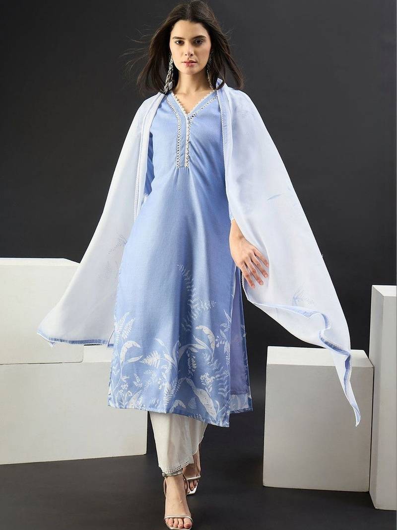 Women Floral Printed Regular Linen Kurta with Trousers & With Dupatta