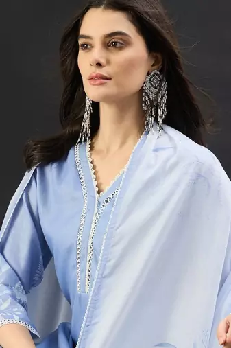 Women Floral Printed Regular Linen Kurta with Trousers & With Dupatta