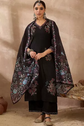 Women Floral Embroidered Regular Thread Work Kurta with Palazzos & With Dupatta