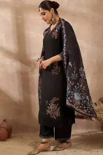 Women Floral Embroidered Regular Thread Work Kurta with Palazzos & With Dupatta